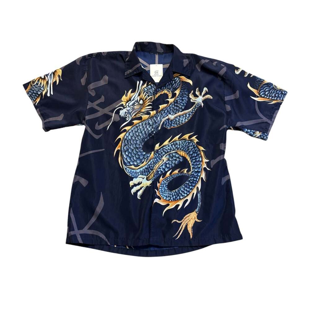 Y2K Dragon Print Short Sleeve Button-Up Shirt